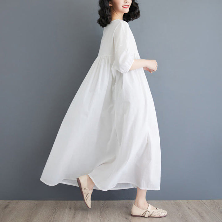 Buddha Stones Solid Color Pleated Design Crew Neck Half Puff Sleeve Cotton Midi Dress - image 15