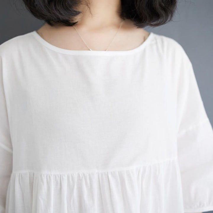 Buddha Stones Solid Color Pleated Design Crew Neck Half Puff Sleeve Cotton Midi Dress - image 16