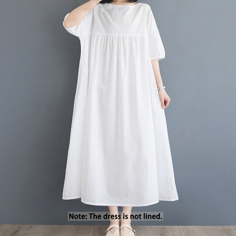 Buddha Stones Solid Color Pleated Design Crew Neck Half Puff Sleeve Cotton Midi Dress - image 8