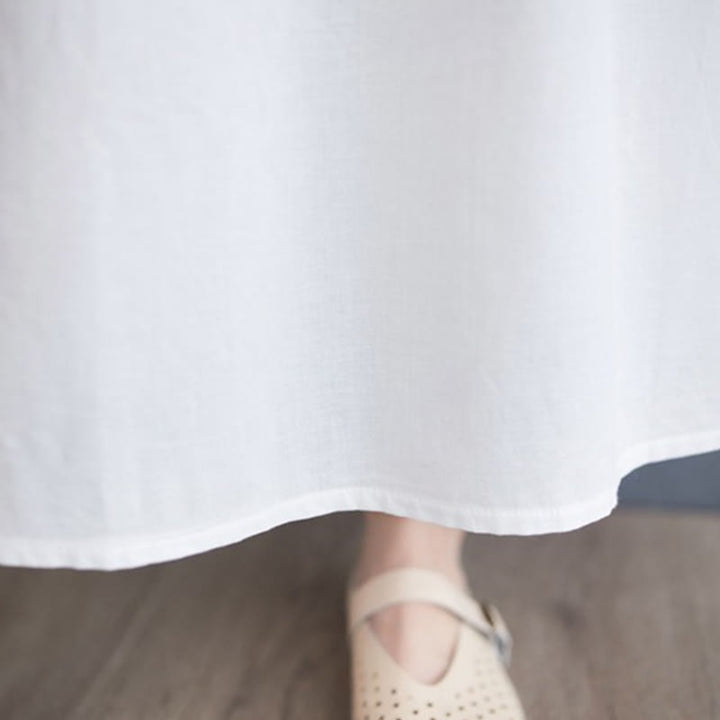 Buddha Stones Solid Color Pleated Design Crew Neck Half Puff Sleeve Cotton Midi Dress - image 19