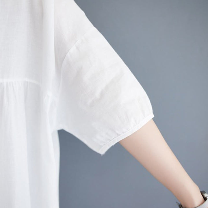 Buddha Stones Solid Color Pleated Design Crew Neck Half Puff Sleeve Cotton Midi Dress - image 20