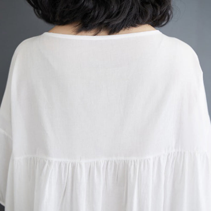 Buddha Stones Solid Color Pleated Design Crew Neck Half Puff Sleeve Cotton Midi Dress - image 17