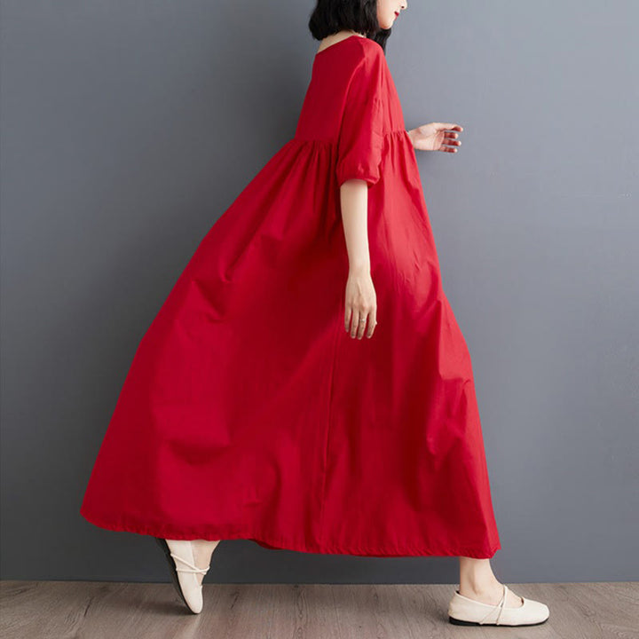 Buddha Stones Solid Color Pleated Design Crew Neck Half Puff Sleeve Cotton Midi Dress - image 28