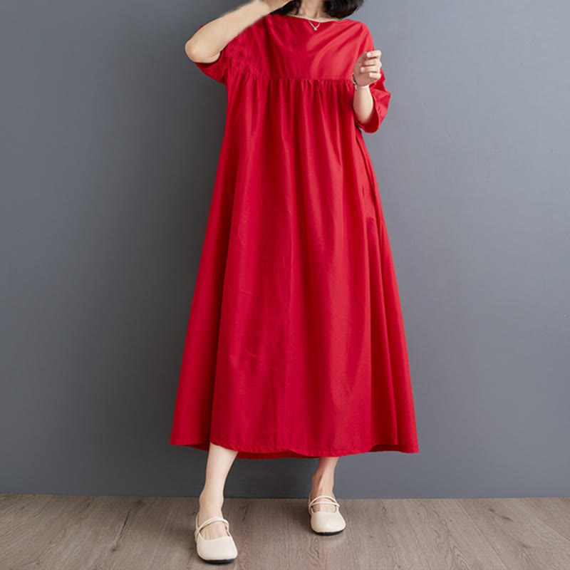 Buddha Stones Solid Color Pleated Design Crew Neck Half Puff Sleeve Cotton Midi Dress - image 25