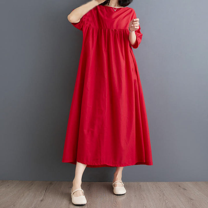 Buddha Stones Solid Color Pleated Design Crew Neck Half Puff Sleeve Cotton Midi Dress - image 25