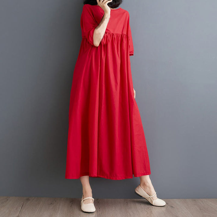 Buddha Stones Solid Color Pleated Design Crew Neck Half Puff Sleeve Cotton Midi Dress - image 23