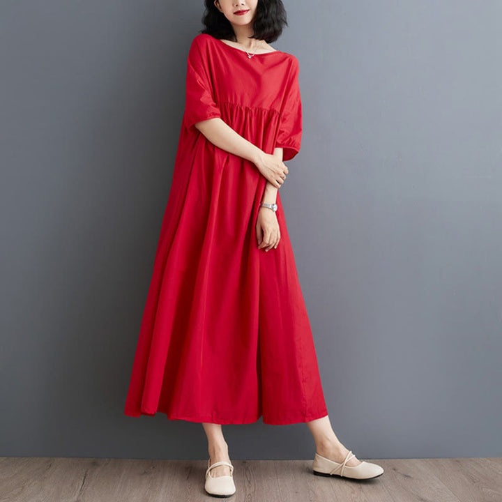 Buddha Stones Solid Color Pleated Design Crew Neck Half Puff Sleeve Cotton Midi Dress - image 26