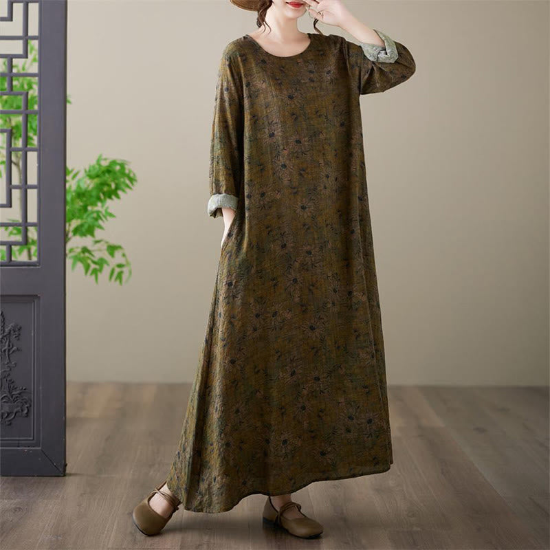 Buddha Stones Olive Printing Flower Long Sleeve Cotton Linen Maxi Dress With Pockets - image 3