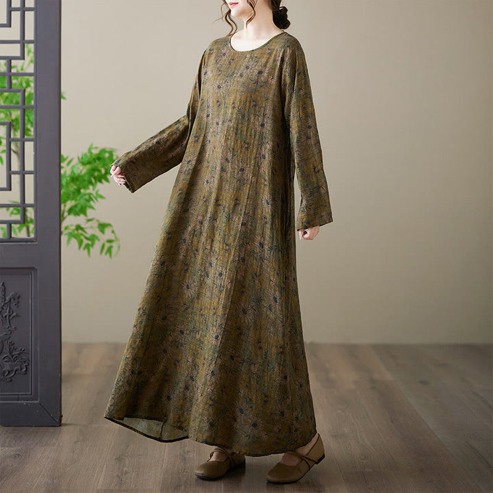 Buddha Stones Olive Printing Flower Long Sleeve Cotton Linen Maxi Dress With Pockets - image 6