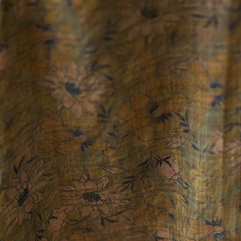 Buddha Stones Olive Printing Flower Long Sleeve Cotton Linen Maxi Dress With Pockets - image 10