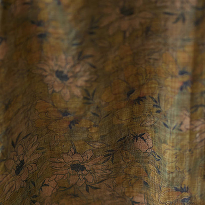 Buddha Stones Olive Printing Flower Long Sleeve Cotton Linen Maxi Dress With Pockets - image 10