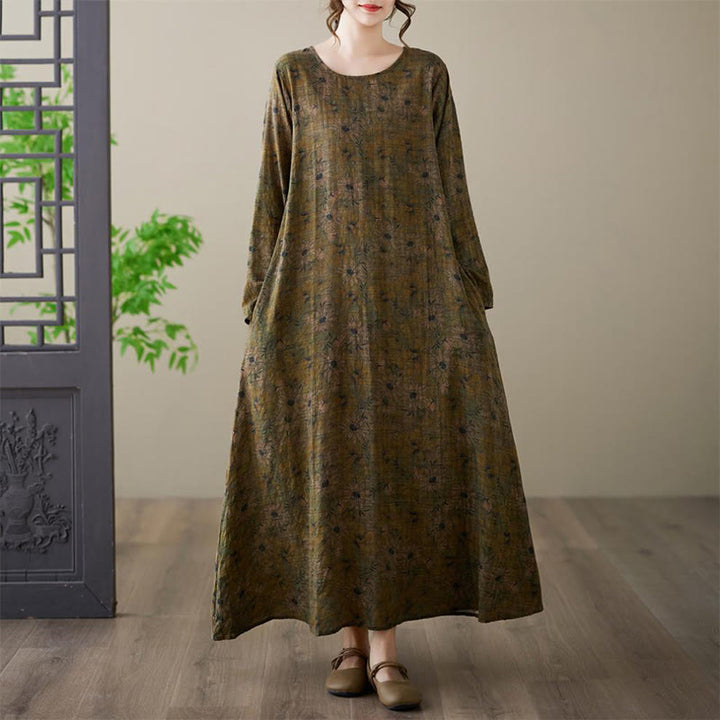 Buddha Stones Olive Printing Flower Long Sleeve Cotton Linen Maxi Dress With Pockets - image 5