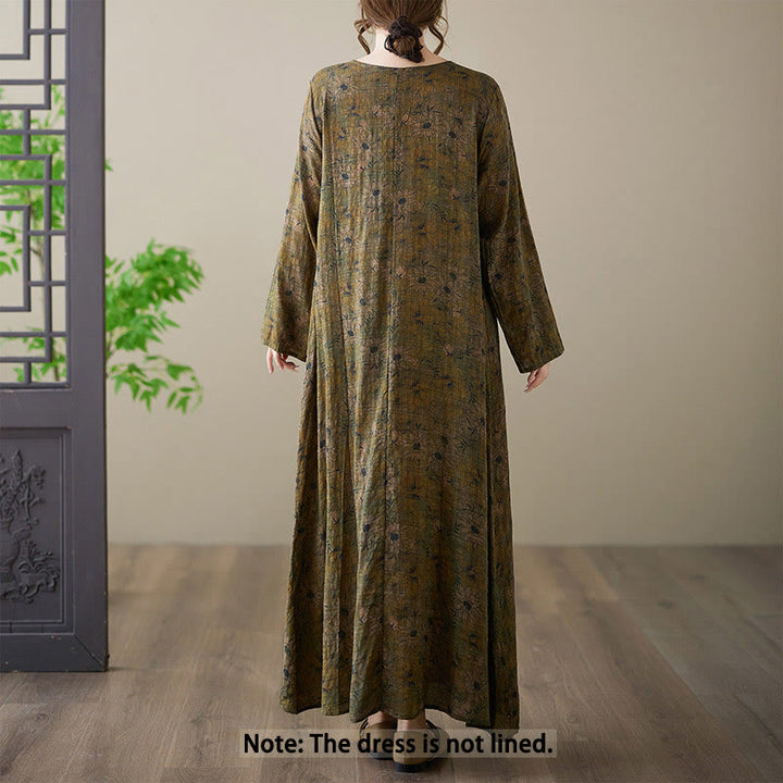 Buddha Stones Olive Printing Flower Long Sleeve Cotton Linen Maxi Dress With Pockets - image 2