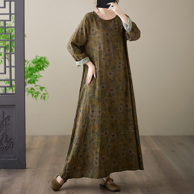 Buddha Stones Olive Printing Flower Long Sleeve Cotton Linen Maxi Dress With Pockets - image 4