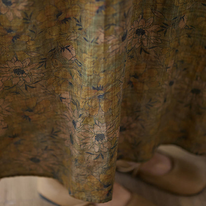 Buddha Stones Olive Printing Flower Long Sleeve Cotton Linen Maxi Dress With Pockets - image 11