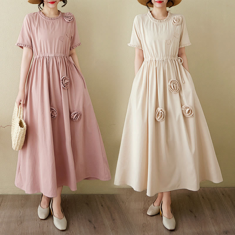 Buddha Stones Three-Dimensional Flower Ruffled Short Sleeve Cotton Linen Midi Dress With Pockets - image 22