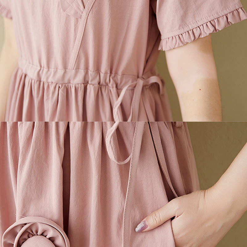 Buddha Stones Three-Dimensional Flower Ruffled Short Sleeve Cotton Linen Midi Dress With Pockets - image 15