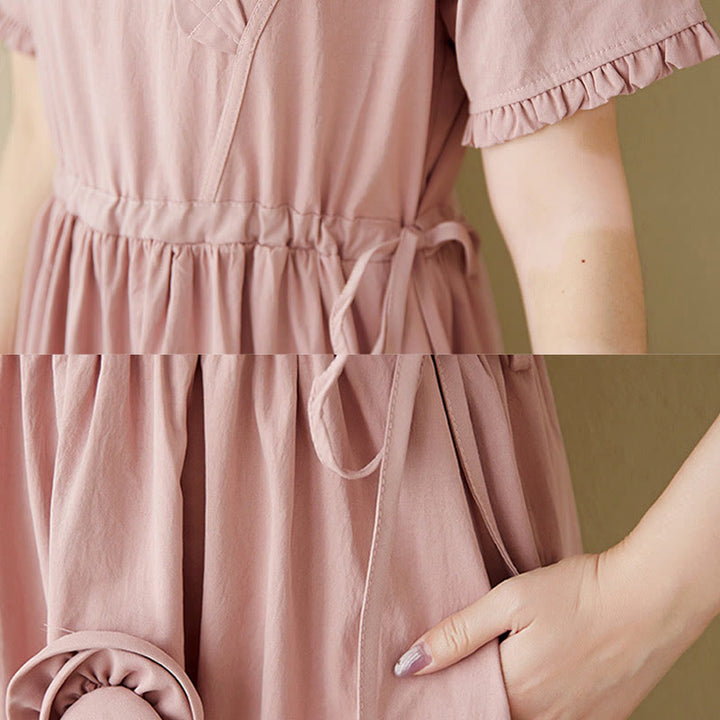 Buddha Stones Three-Dimensional Flower Ruffled Short Sleeve Cotton Linen Midi Dress With Pockets - image 15