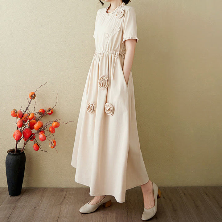Buddha Stones Three-Dimensional Flower Ruffled Short Sleeve Cotton Linen Midi Dress With Pockets - image 21