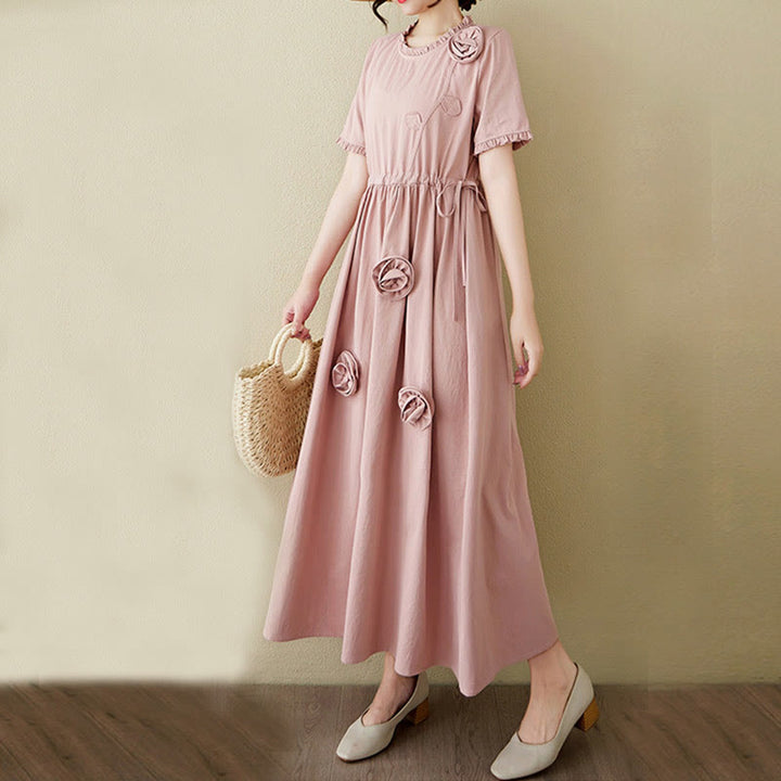 Buddha Stones Three-Dimensional Flower Ruffled Short Sleeve Cotton Linen Midi Dress With Pockets - image 4