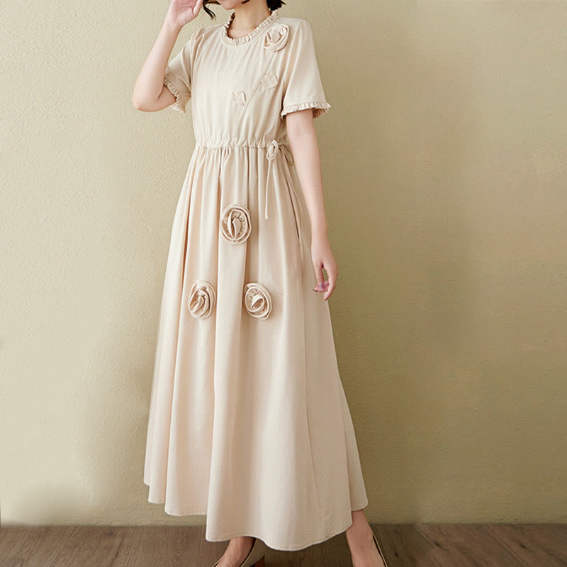 Buddha Stones Three-Dimensional Flower Ruffled Short Sleeve Cotton Linen Midi Dress With Pockets - image 20