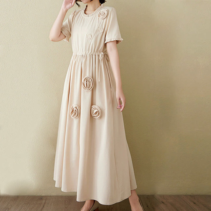 Buddha Stones Three-Dimensional Flower Ruffled Short Sleeve Cotton Linen Midi Dress With Pockets - image 20