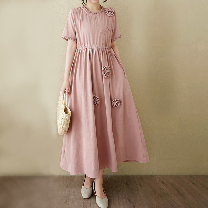 Buddha Stones Three-Dimensional Flower Ruffled Short Sleeve Cotton Linen Midi Dress With Pockets - image 6