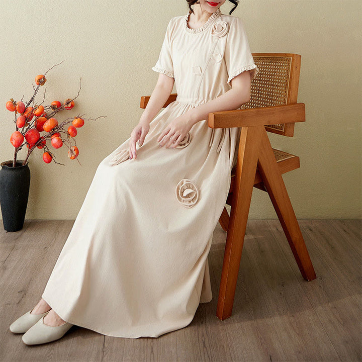 Buddha Stones Three-Dimensional Flower Ruffled Short Sleeve Cotton Linen Midi Dress With Pockets - Beige - US8-10,UK/AU12-14,EU40-42 (2XL) - image 17