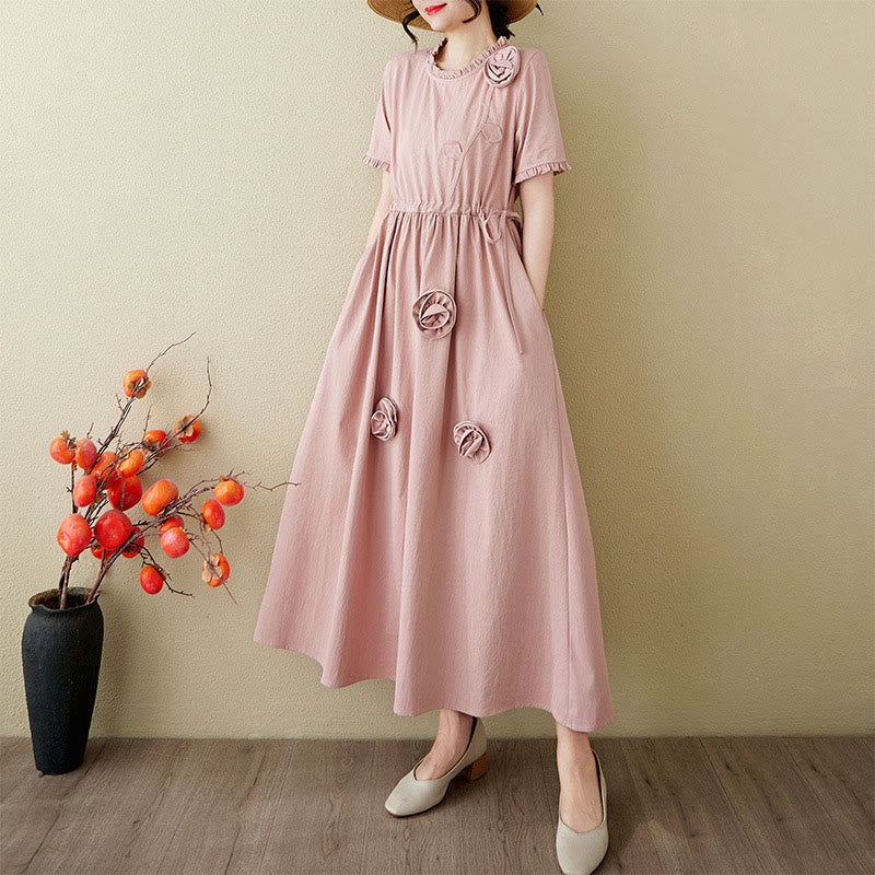 Buddha Stones Three-Dimensional Flower Ruffled Short Sleeve Cotton Linen Midi Dress With Pockets - image 3