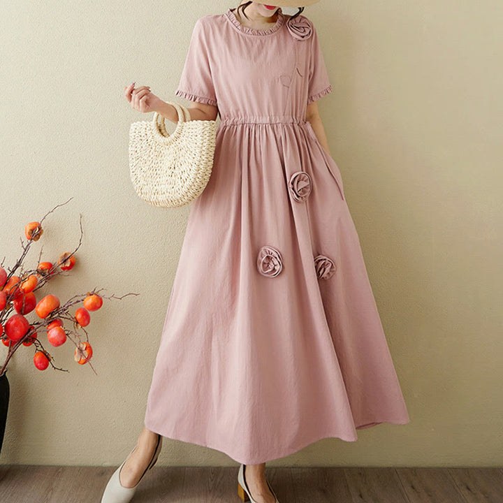 Buddha Stones Three-Dimensional Flower Ruffled Short Sleeve Cotton Linen Midi Dress With Pockets - DarkSalmon - US8-10,UK/AU12-14,EU40-42 (2XL) - image 1