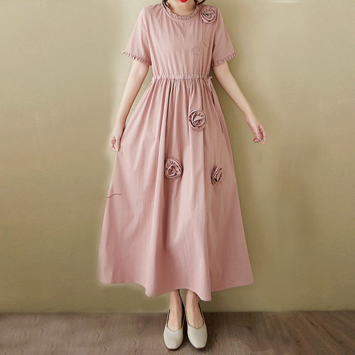 Buddha Stones Three-Dimensional Flower Ruffled Short Sleeve Cotton Linen Midi Dress With Pockets - image 5