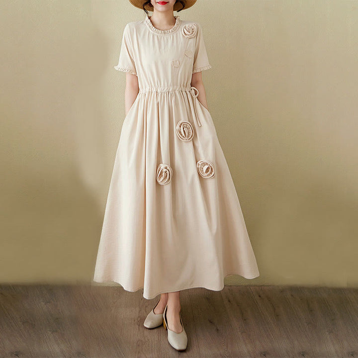 Buddha Stones Three-Dimensional Flower Ruffled Short Sleeve Cotton Linen Midi Dress With Pockets - image 19