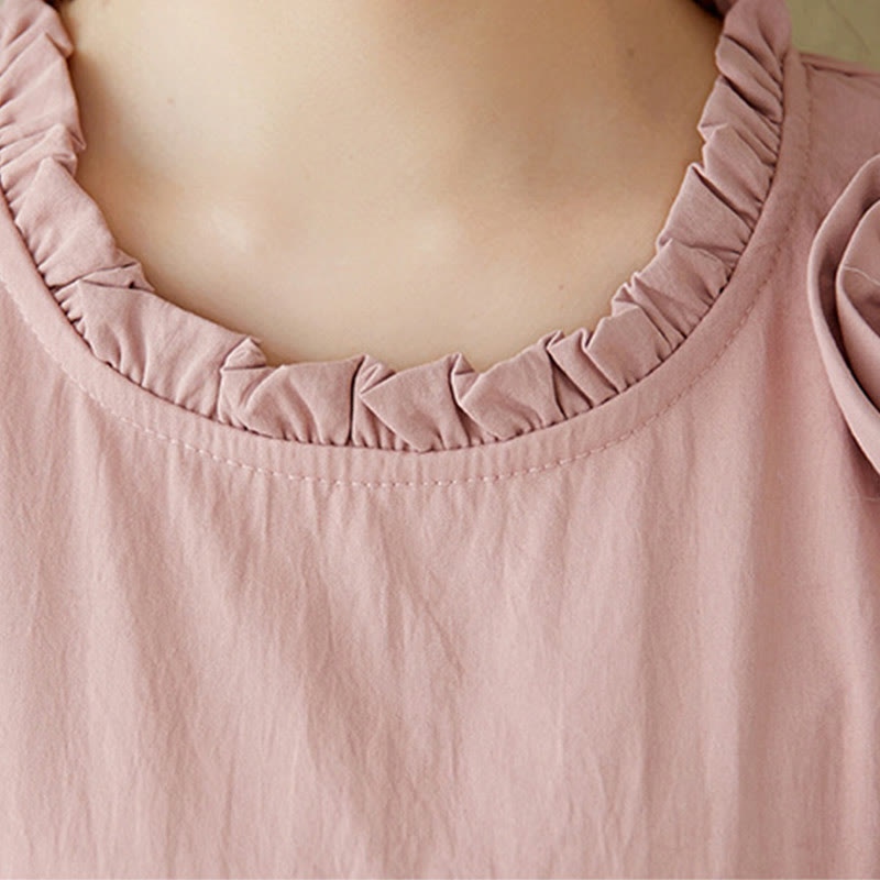 Buddha Stones Three-Dimensional Flower Ruffled Short Sleeve Cotton Linen Midi Dress With Pockets - image 9