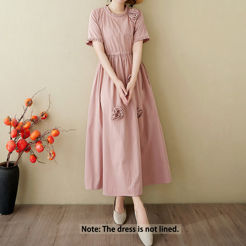 Buddha Stones Three-Dimensional Flower Ruffled Short Sleeve Cotton Linen Midi Dress With Pockets - image 2
