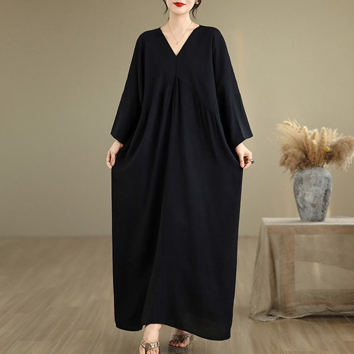 Buddha Stones Fall Pure Color V-Neck Long Sleeve Cotton Midi Dress - Black - US4-12,UK/AU8-18,EU36-46(F) - image 1