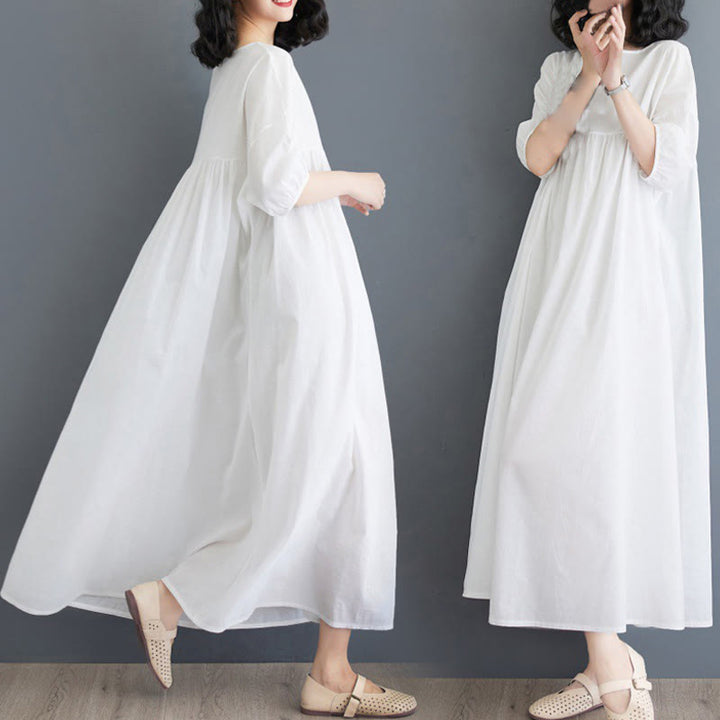 Buddha Stones Solid Color Pleated Design Crew Neck Half Puff Sleeve Cotton Midi Dress - White - US14,UK/AU18,EU46 (2XL) - image 7