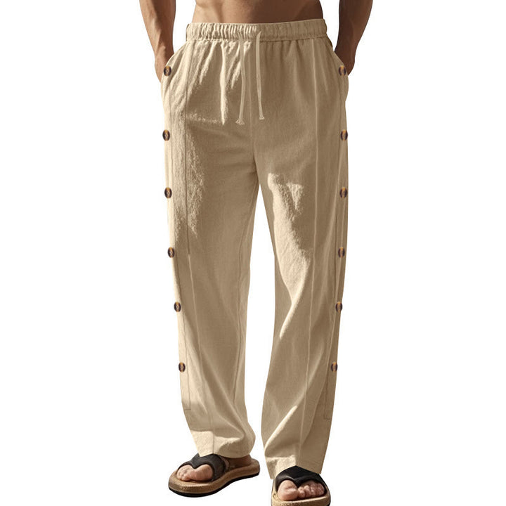 Buddha Stones Solid Color Side Buttons Men's Cotton Pants With Pockets - Bisque - US/UK/AU46,EU56 (3XL) - image 1