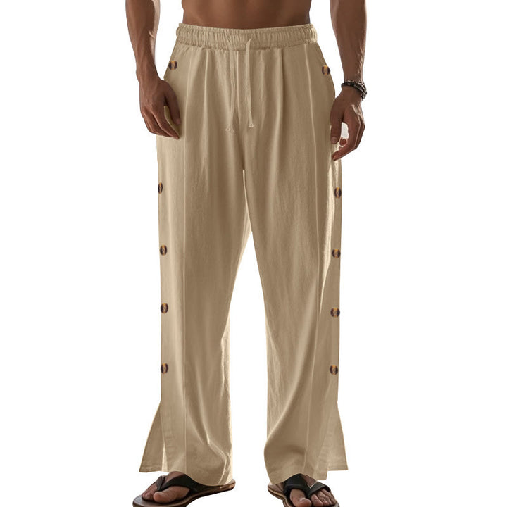 Buddha Stones Solid Color Side Buttons Men's Cotton Pants With Pockets - image 9