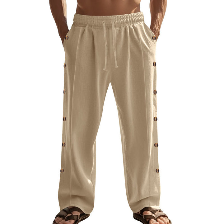 Buddha Stones Solid Color Side Buttons Men's Cotton Pants With Pockets - image 8