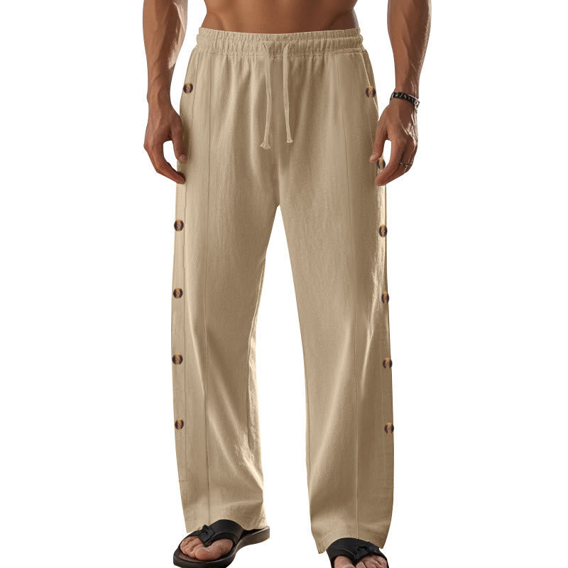 Buddha Stones Solid Color Side Buttons Men's Cotton Pants With Pockets - image 10
