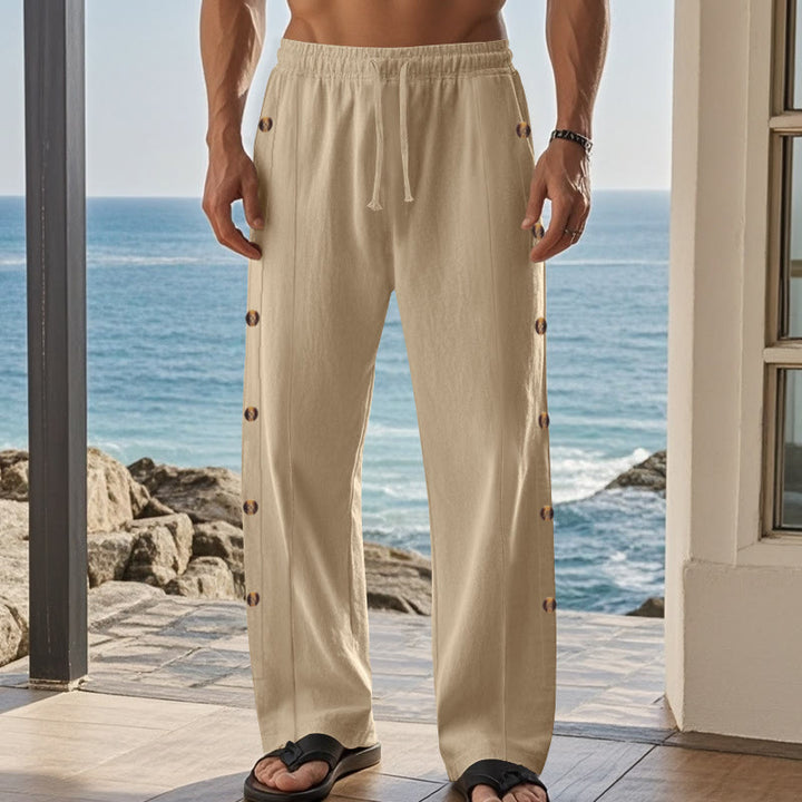 Buddha Stones Solid Color Side Buttons Men's Cotton Pants With Pockets - image 6