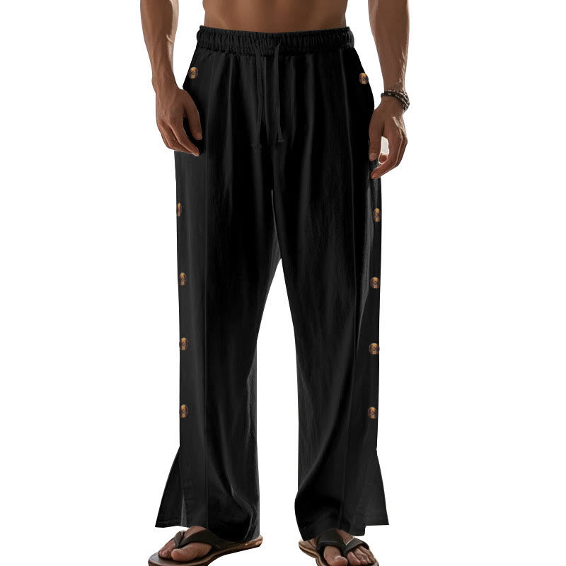 Buddha Stones Solid Color Side Buttons Men's Cotton Pants With Pockets - image 21