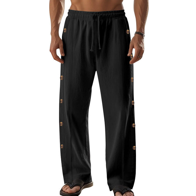 Buddha Stones Solid Color Side Buttons Men's Cotton Pants With Pockets - image 17