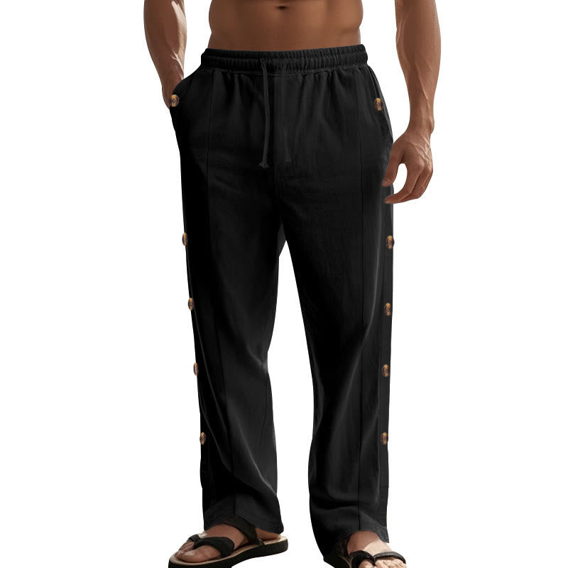 Buddha Stones Solid Color Side Buttons Men's Cotton Pants With Pockets - image 19