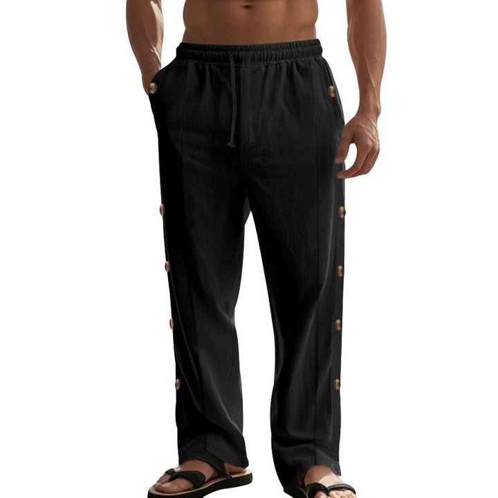 Buddha Stones Solid Color Side Buttons Men's Cotton Pants With Pockets - image 19
