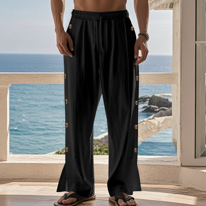 Buddha Stones Solid Color Side Buttons Men's Cotton Pants With Pockets - image 14