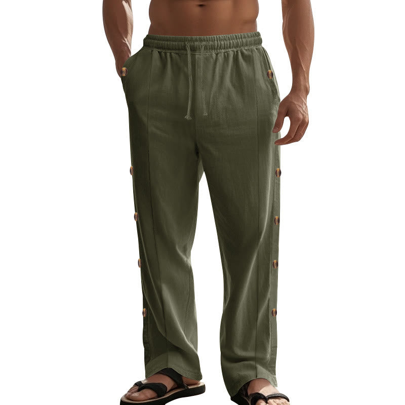 Buddha Stones Solid Color Side Buttons Men's Cotton Pants With Pockets - image 32