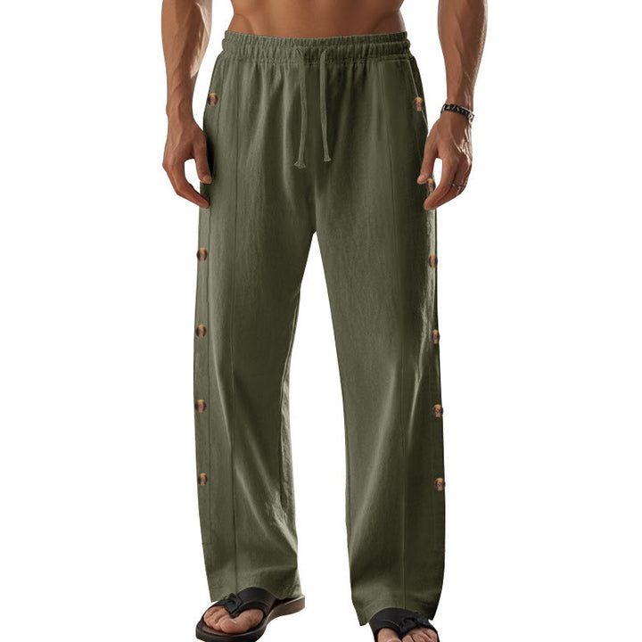 Buddha Stones Solid Color Side Buttons Men's Cotton Pants With Pockets - image 35