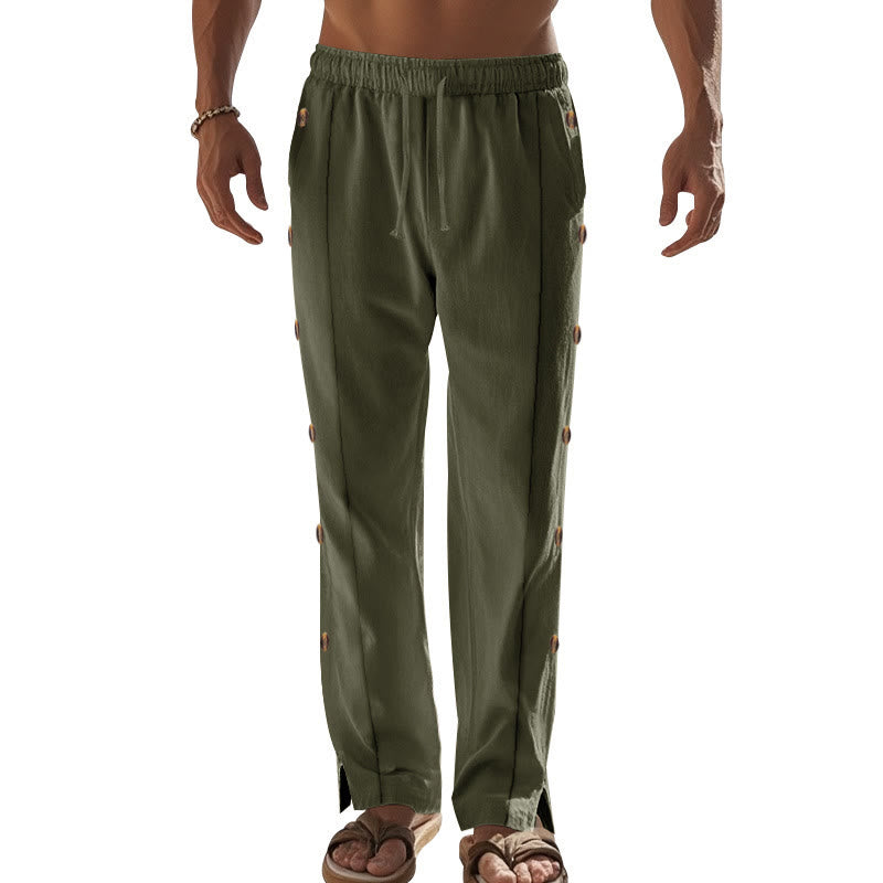 Buddha Stones Solid Color Side Buttons Men's Cotton Pants With Pockets - image 33