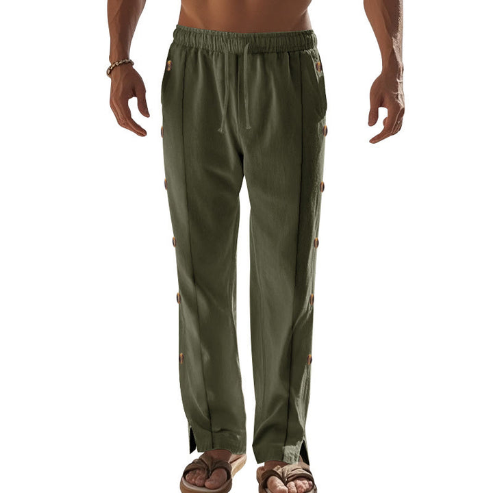 Buddha Stones Solid Color Side Buttons Men's Cotton Pants With Pockets - image 33